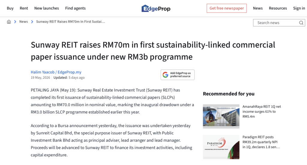 Sunway REIT raises RM70m in first sustainability-linked commercial paper issuance under new RM3b programme